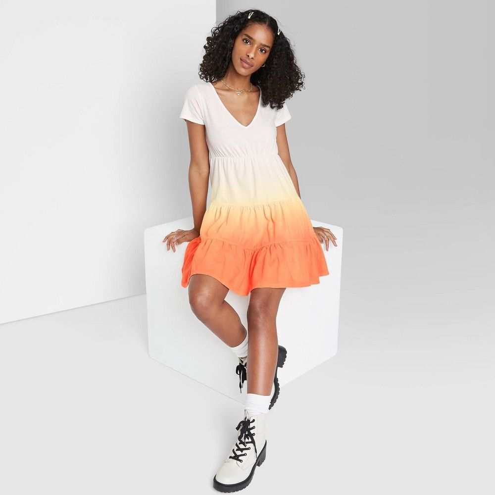 Women's Short Sleeve Tiered Knit Babydoll Dress - Wild Fable Orange Dip-Dye M | Target