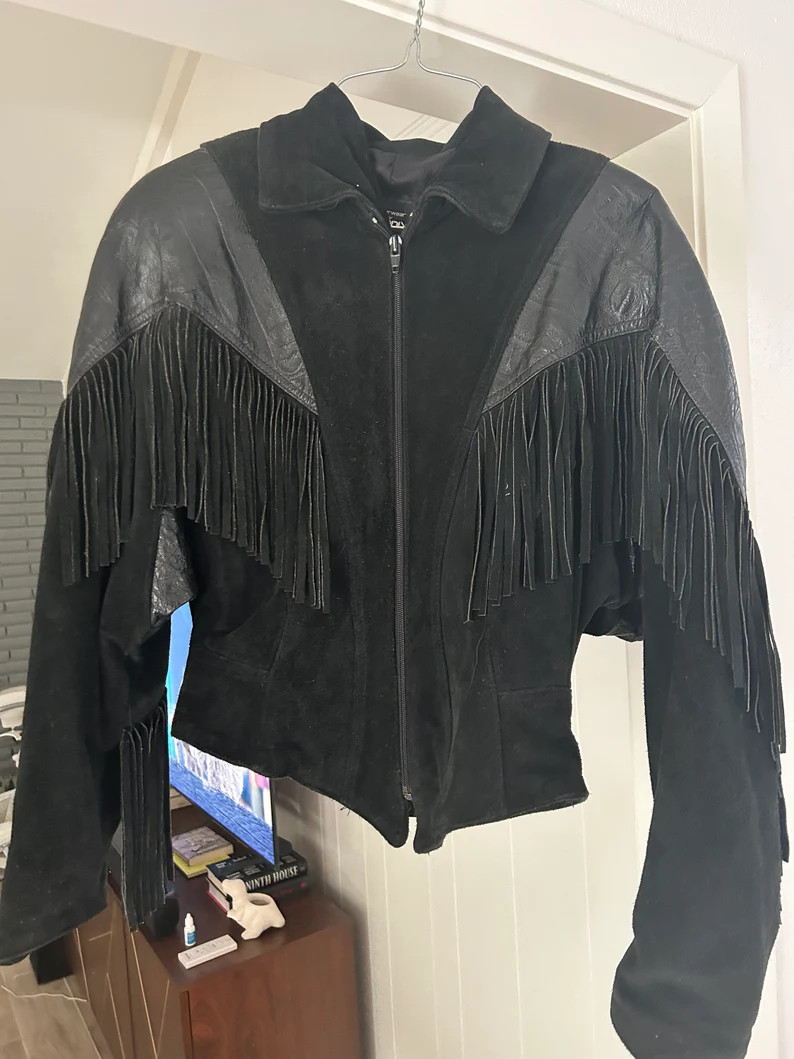 Vintage Black Leather Jacket With Fringe - Etsy | Etsy (US)