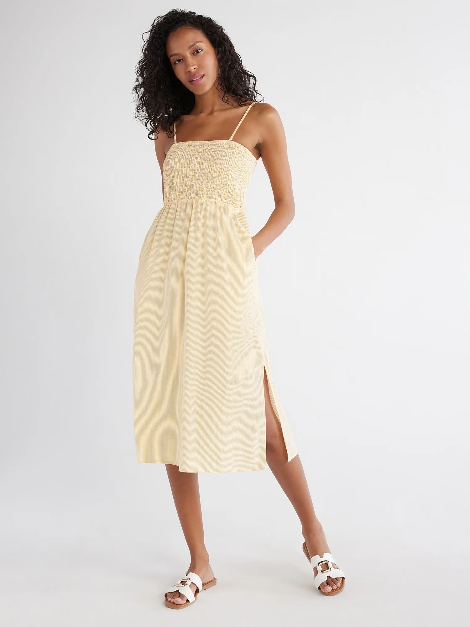 Time and Tru Women's Smocked Bodice Midi Dress with Side Slits, Sizes XS-XXXL | Walmart (US)