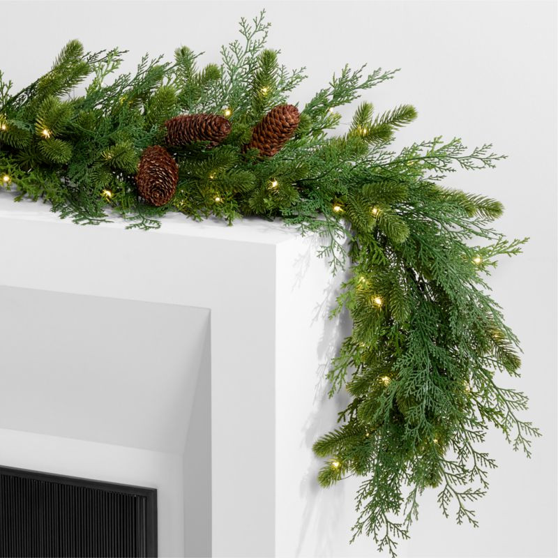 Faux Pinecone and Cedar Pre-Lit Holiday Garland 6' + Reviews | Crate & Barrel | Crate & Barrel