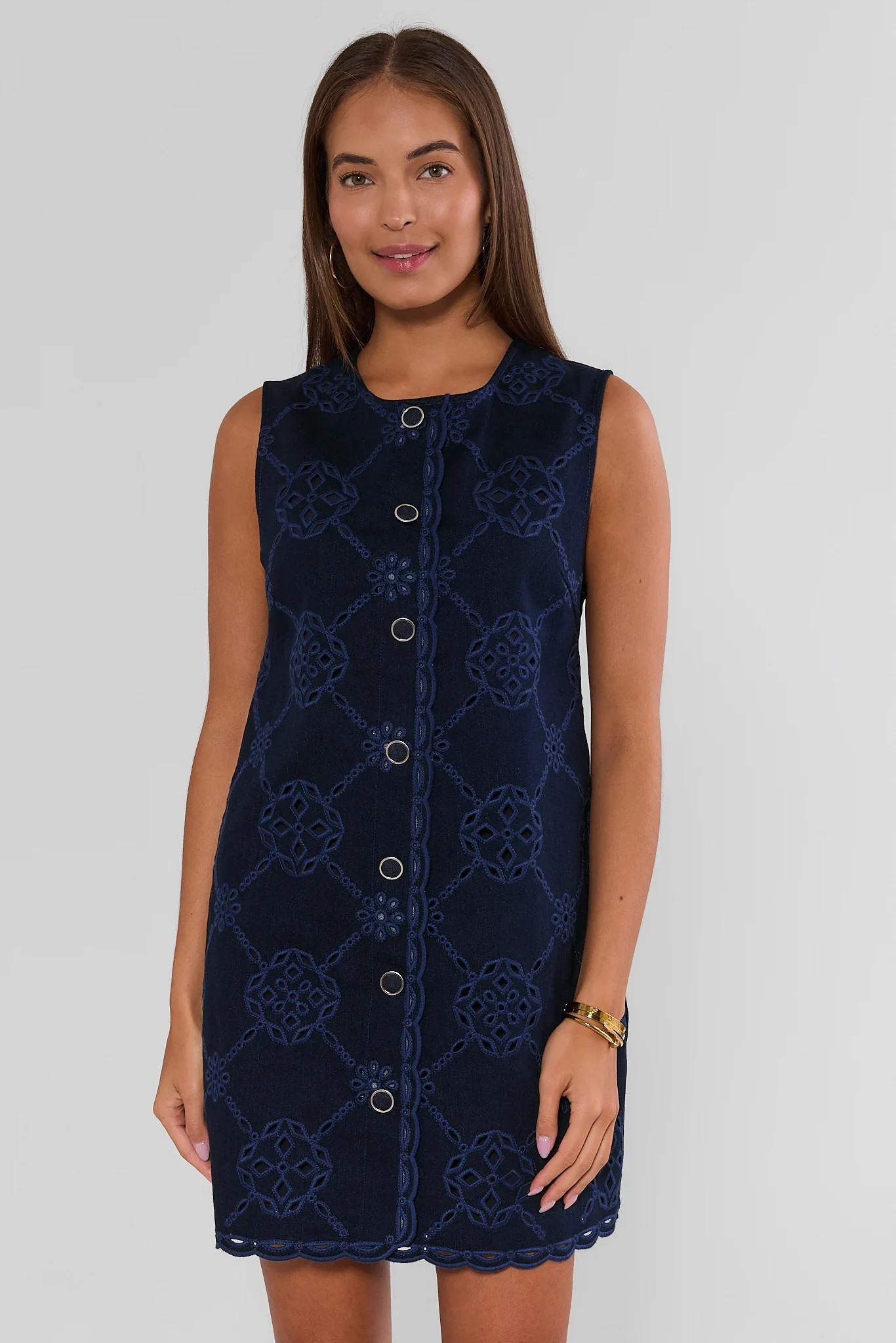 Navy Eyelet Button Up Short Dress | Avara