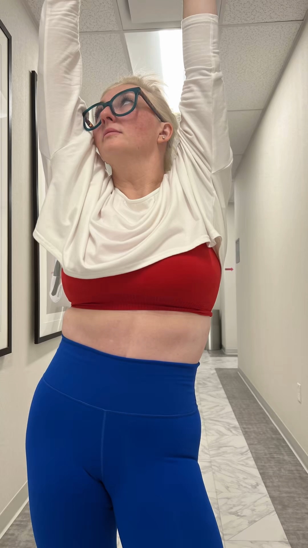 From the gym to work I themed my ENTIRE day and I regret nothing! 💪👩‍⚕️ Both looks fully linked below tap the pins to shop each piece separately! 🏋️‍♀️ Gym Look: Cobalt leggings, white crop top, red sports bra & red Skechers. 👩‍⚕️ Work Look: Red scrubs, blue stripe underlayer, star bow & star earrings. Everything runs true to size! Drop any questions below 👇