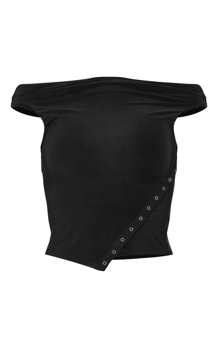 Black Slinky Bardot Eyelet Detail Asymmetric Hem Top | PrettyLittleThing US