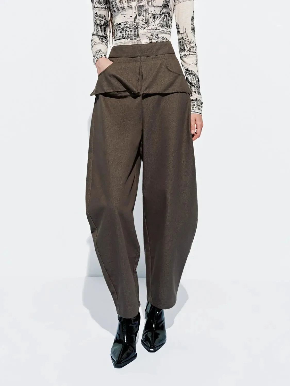 Layered Overlay Draped Waist Wide Leg Cotton Trousers | Urban Revivo