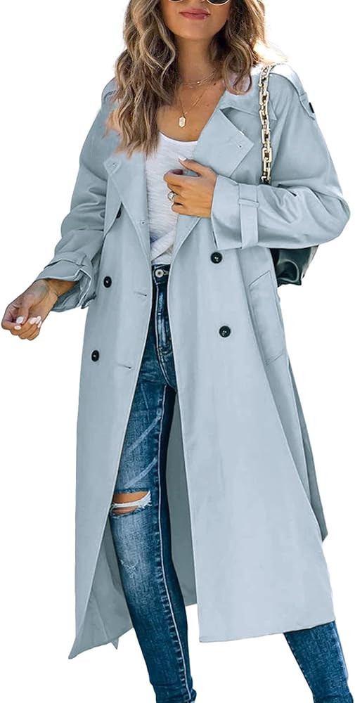 Makkrom Women's Double Breasted Long Trench Coat Windproof Classic Lapel Slim Overcoat with Belt | Amazon (US)