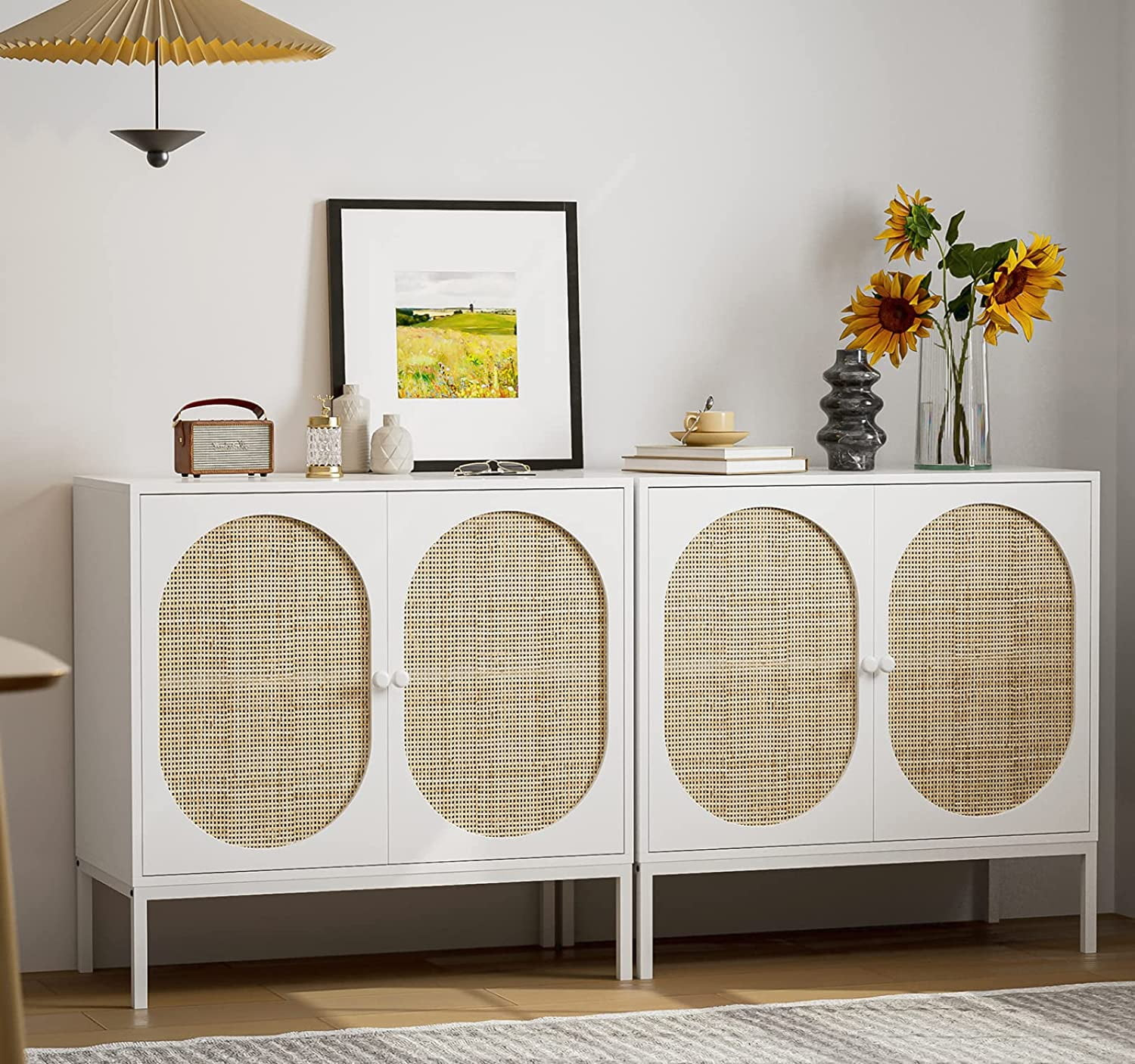 IKIFLY Set of 2 Accent Storage Cabinet with Handmade Natural Rattan Doors - Rattan Sideboard Buff... | Walmart (US)