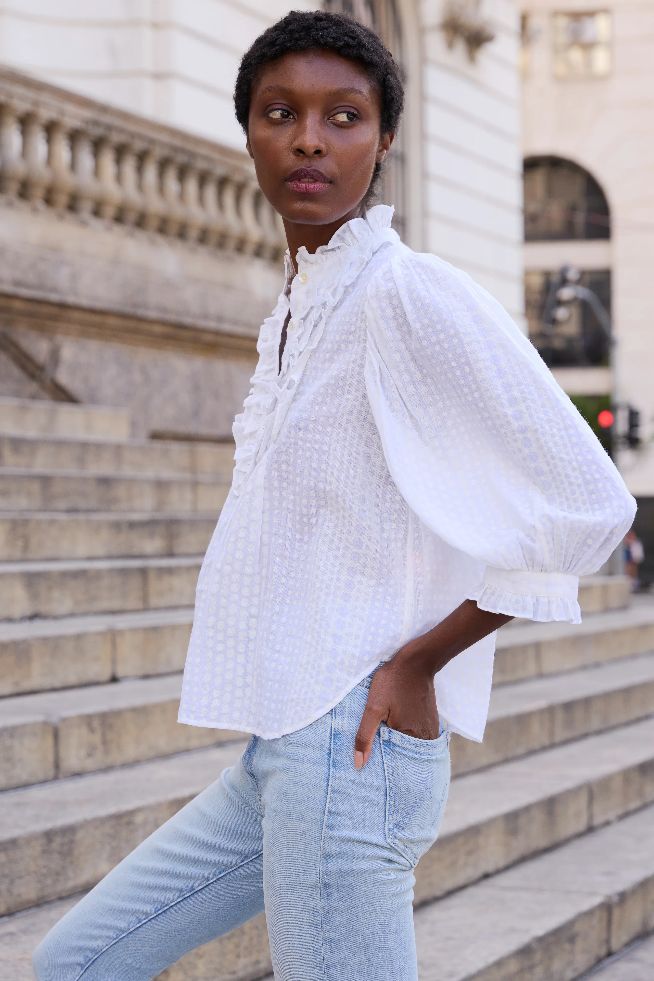 Ruffle Front Button Blouse- Domino White | Oliphant Design