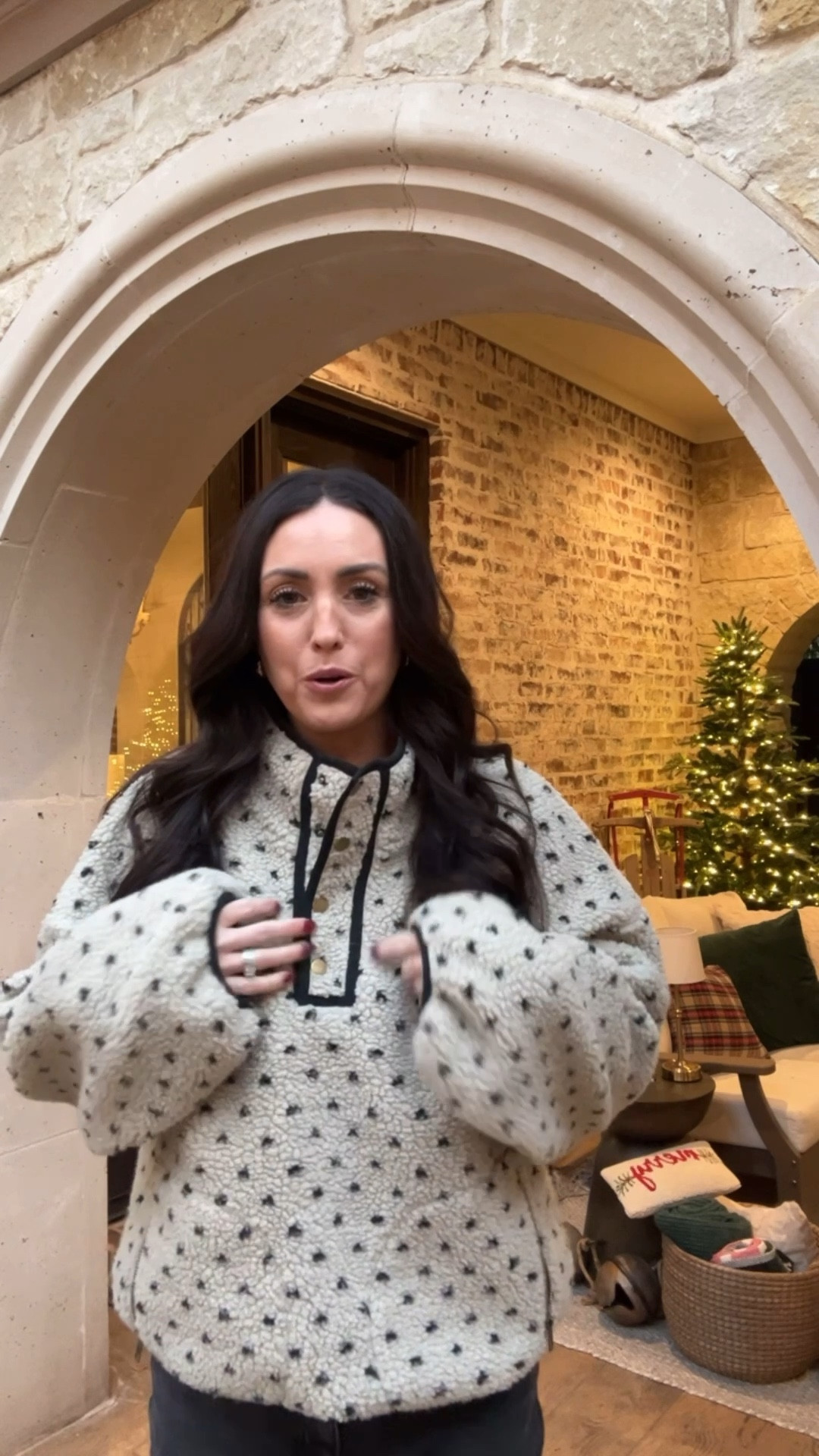 Cutest polka dot fleece! Love the gold buttons, makes it look so high end. Wearing a medium. 

#LTKFindsUnder50 #LTKOver40 #LTKSeasonal