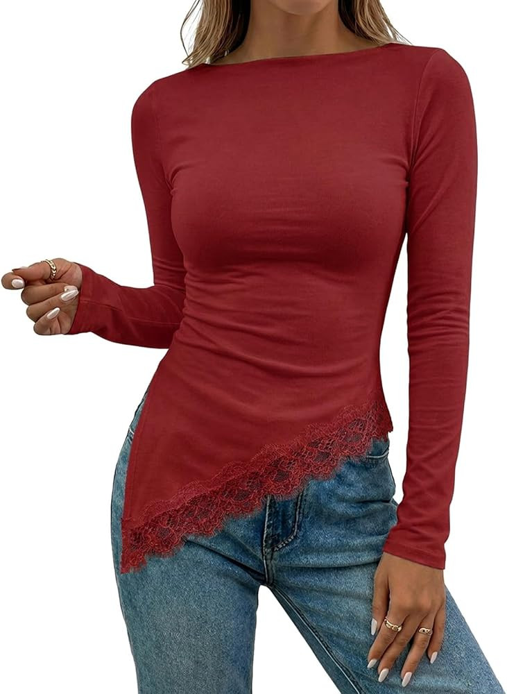Womens Boat Neck Long Sleeve Lace Tops Slim Fit Shirts | Amazon (US)