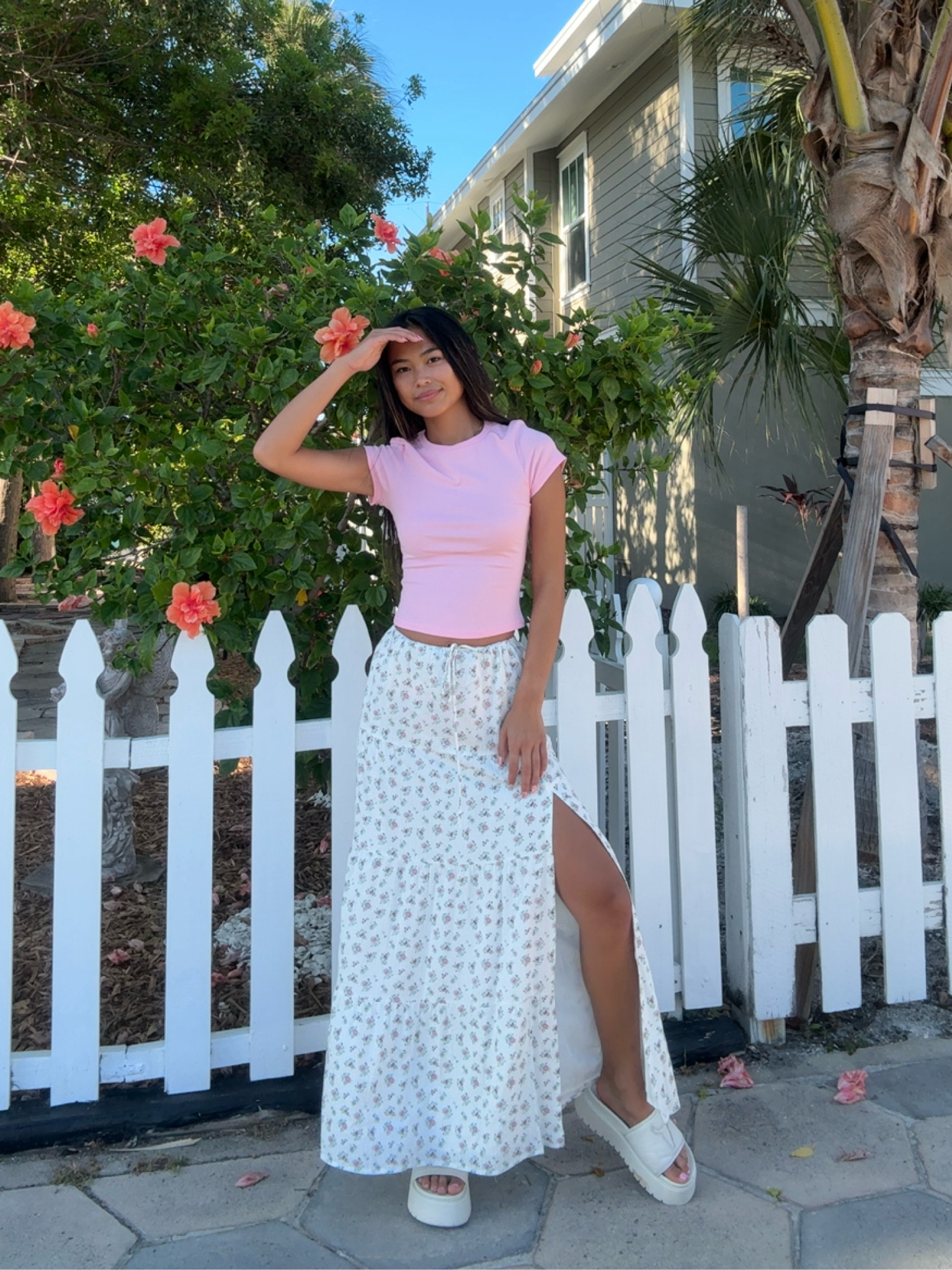 casual outfit inspo, floral maxi skirt, pink crop tee, grey bandit, adjustable waistband, platform sandals, back to school ootd, beach outfit, summer look

#LTKSeasonal #LTKfindsunder50 #LTKtravel