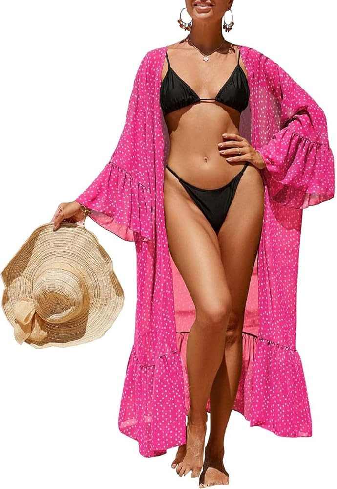 Bsubseach Women Chiffon Dot Print Beach Kimono Cardigan Long Bathing Suit Cover Up | Amazon (US)