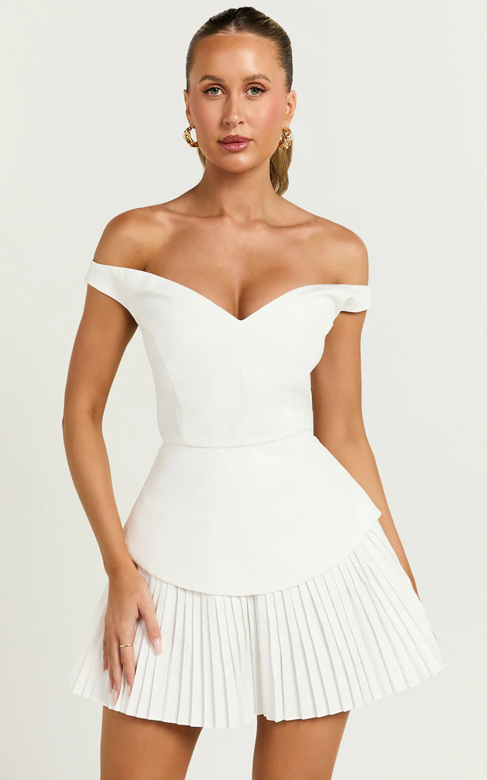 Izara Mini Dress - Off Shoulder Pleated Dress in Off White | Showpo (US, UK & Europe)
