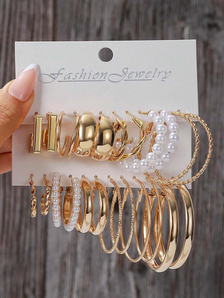 24pcs/set Fashion Faux Pearl Earrings Geometric Twist Hoop Design For Dating & Party, Golden Colo... | SHEIN