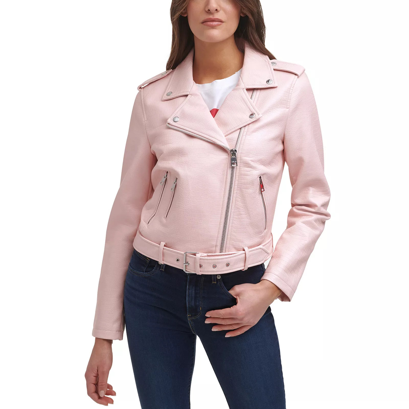 Women's Levi's® Belted Faux Leather Motorcycle Jacket, Size: Medium, Blush Croc | Kohl's