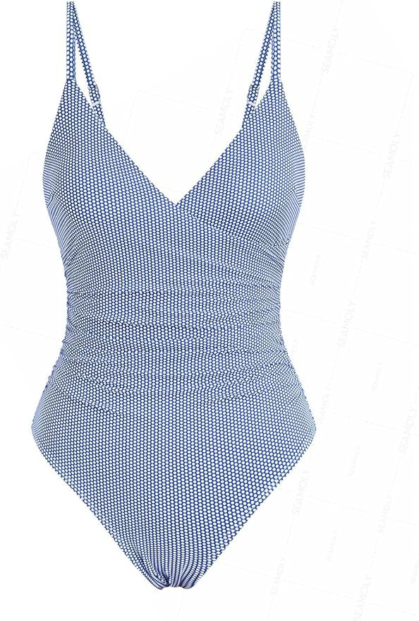 seamoly Blue Gingham Tie Around Criss Cross Backless Plunging Neck One-Piece Swimsuit | Amazon (US)