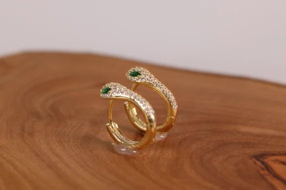 Gold Snake Hoop Earrings, Small Huggie Hoop Earrings with Zircon and Emerald | Etsy (US)