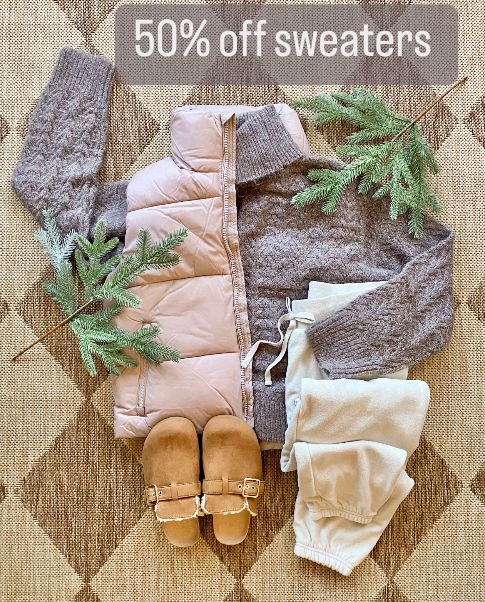 Cozy winter outfit. Cozy fleece joggers. Mules. Birkenstock dupes. Sweater. 

#LTKSeasonal #LTKHoliday #LTKGiftGuide