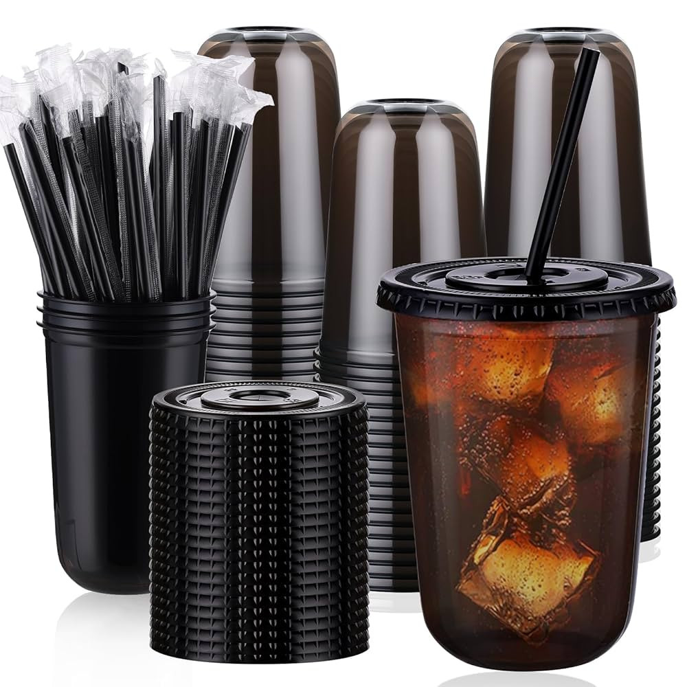 tchrules 100 Set 16oz Plastic Cups with Lids and Straws, Disposable Black Clear Iced Coffee Cup w... | Amazon (US)