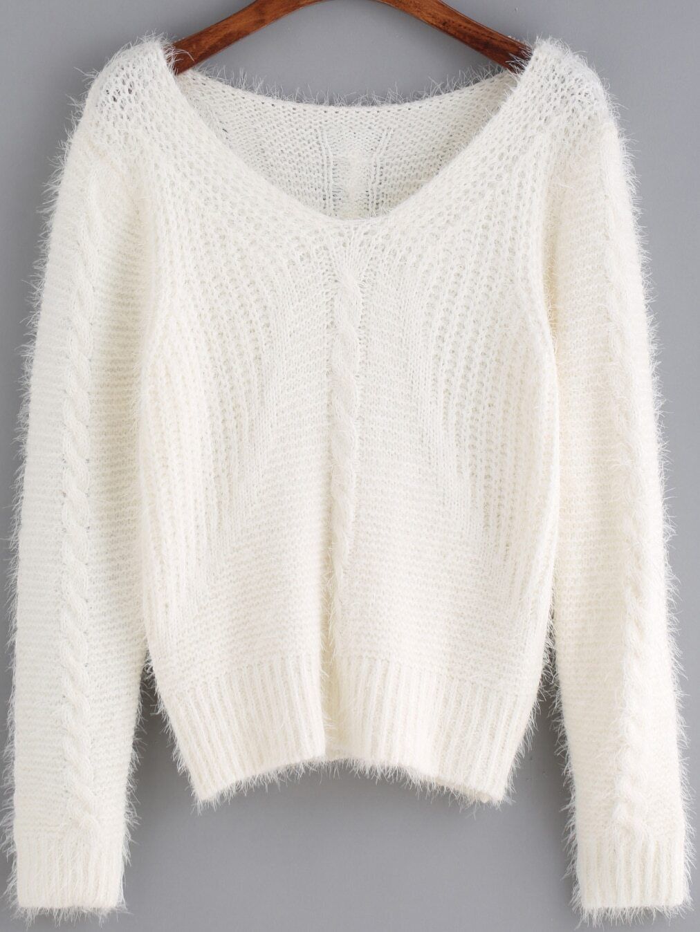 White V Neck Shaggy Crop Sweater | Romwe