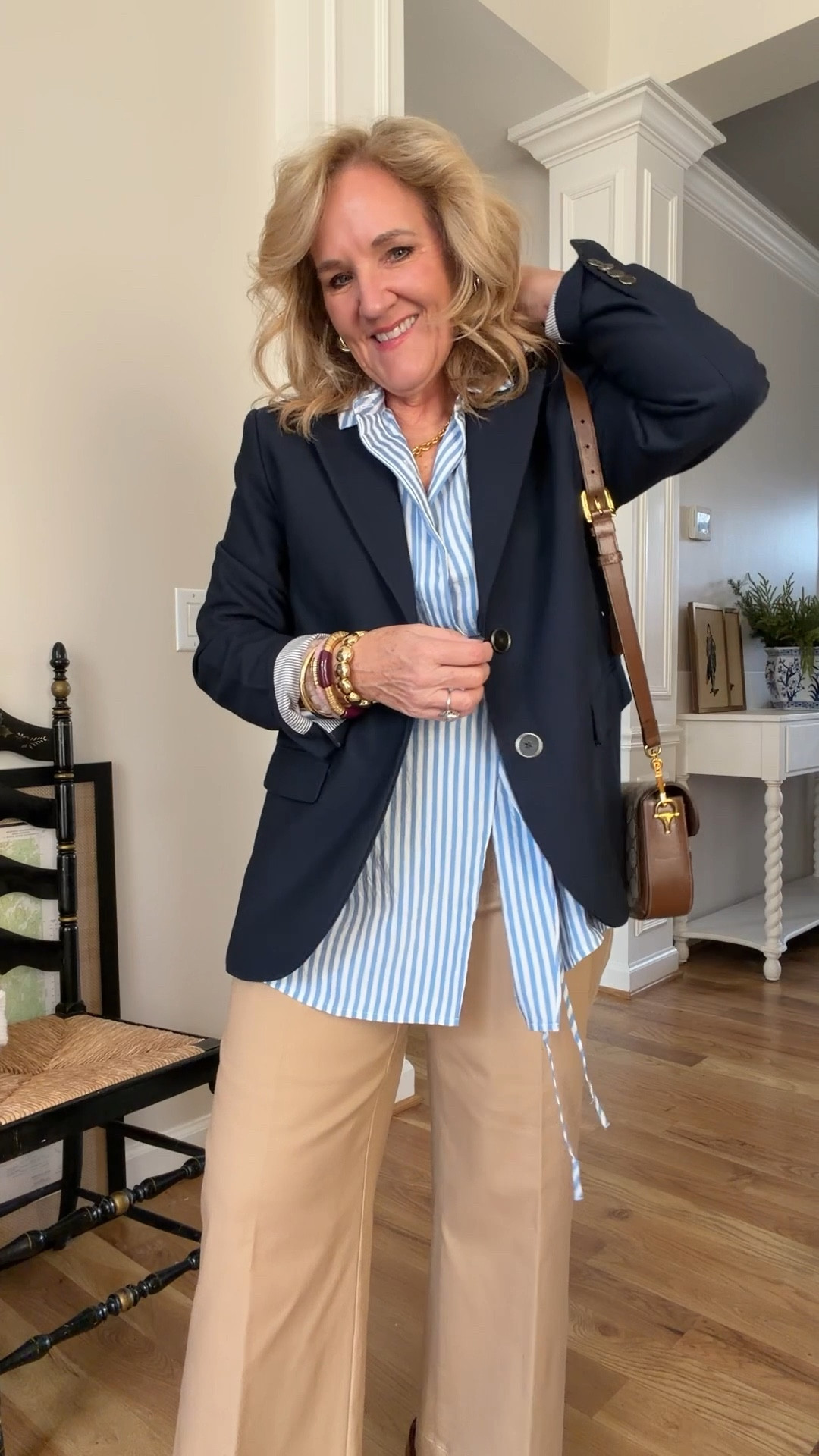 Update your office outfits with these classic pieces but in updated on trend silhouettes

Blouse size medium 
Khakis size 8 
Navy blazer 10 petite 
Cashmere cardigan size medium 
Merlot flats true to size 
Gucci bag. I’ll link a few great bag options too  

#LTKSaleAlert #LTKWorkwear #LTKOver40