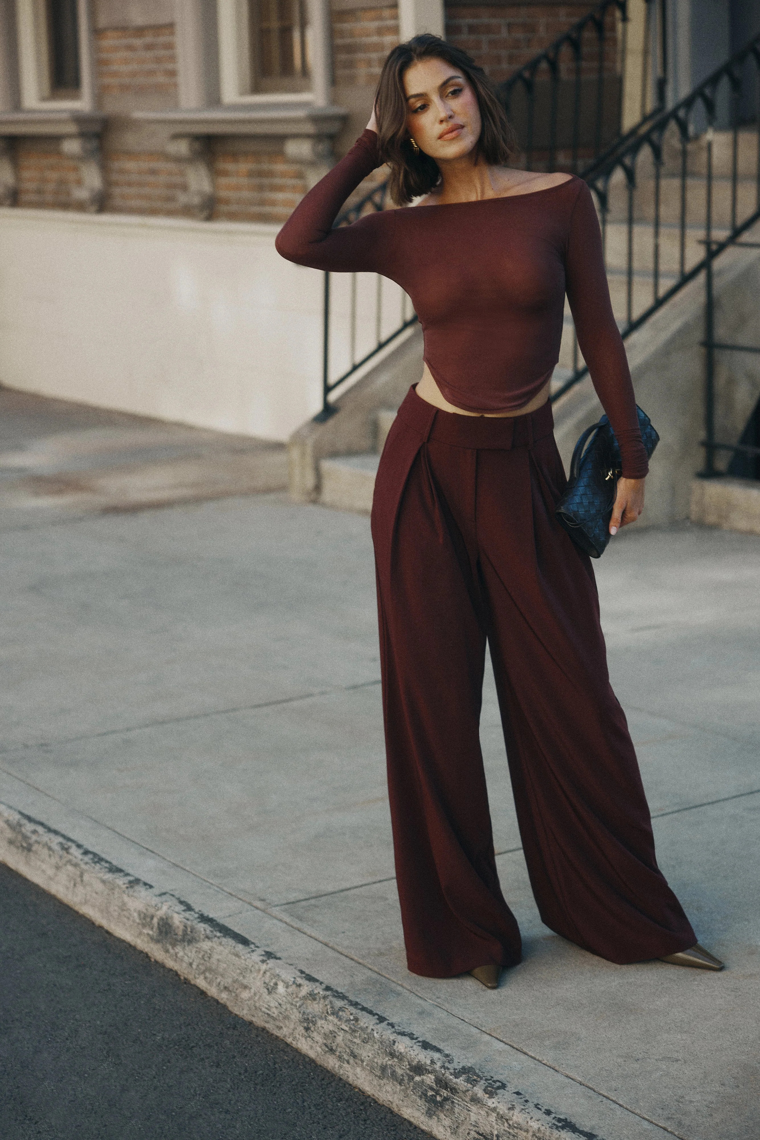 Pleated Wide Leg Pants - Mahogany | MESHKI US