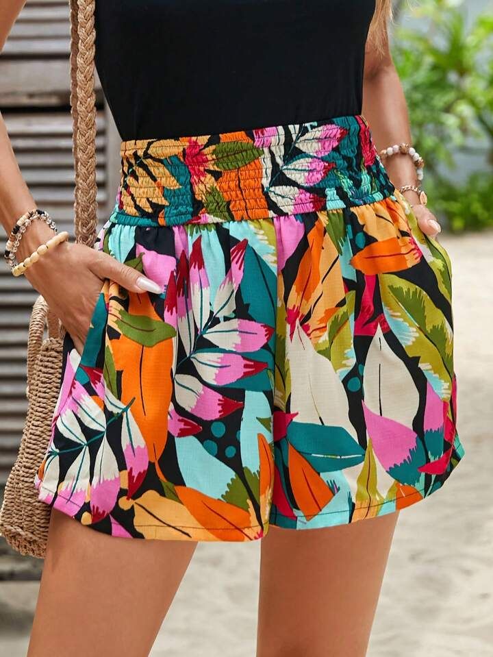 SHEIN VCAY Tropical Print Slant Pocket Paperbag Waist Wide Leg Shorts | SHEIN