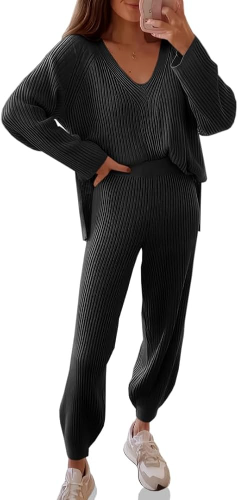 Tankaneo Womens Knit Sets Oversized V Neck Sweaters and Wide Leg Pants Fall Loungewear Trendy 2 P... | Amazon (US)