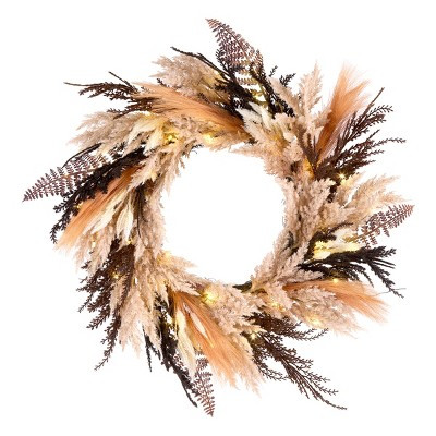 26" Prelit LED Orange and Black Pampas Artificial Halloween Wreath Warm White Lights - National Tree Company | Target