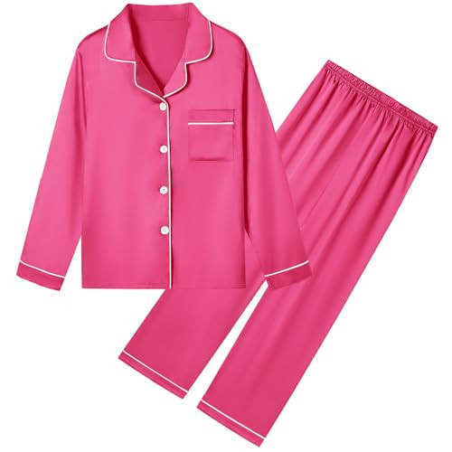 Umeyda Pajamas for Girls, Satin Silk Pjs Long Sleeves Shirts Tops + Lounge Pants Sleepwear Set for Kids Teens, Hot Pink, 5-6 Years = Tag 130 | Amazon (US)