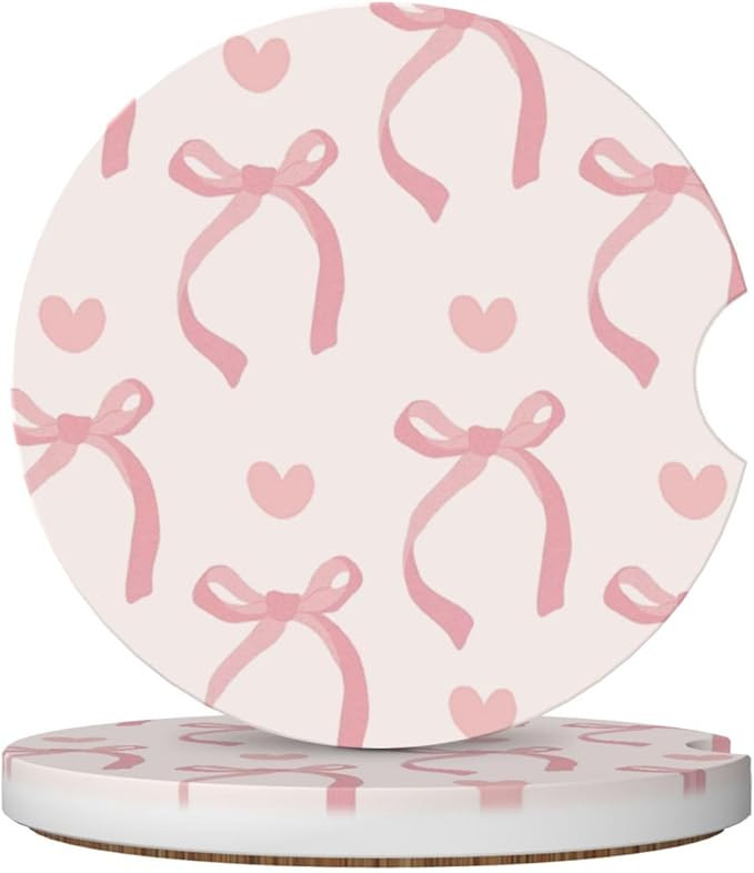 Pink Bow Love Heart Car Cup Holder Coaster 2 Pack Absorbent Ceramic Car Coasters for Cup Holders ... | Amazon (US)