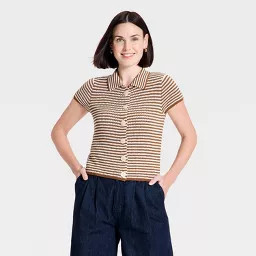 Women's Button-Up Collar Short Sleeve Sweater Top - A New Day\u2122 Brown/Cream Striped S | Target