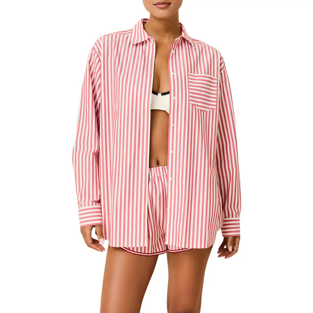 Solid & Striped The Avril Linen Blend Button-Up Shirt in Lipstick Red at Nordstrom, Size Small | Nordstrom