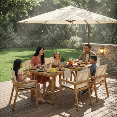 Modern 7-Piece Acacia Wood Outdoor Dining Set - 6 Chairs & 1 Large Table for Patio, Garden, Poolside | Wayfair North America