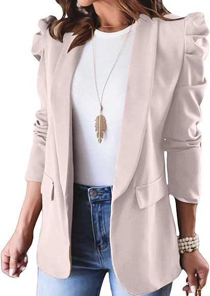 KIRUNDO Womens Blazer Casual Bussiness Puff Sleeve Pad Shoulder Open Front Work Blazer Suit Jacke... | Amazon (US)