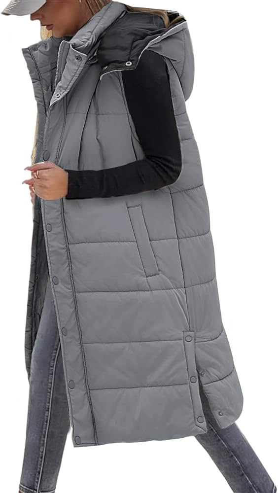 Long Puffer Vest Women With Hood Sleeveless Down Vest Warm Jacket Winter Coat With Pockets | Amazon (US)