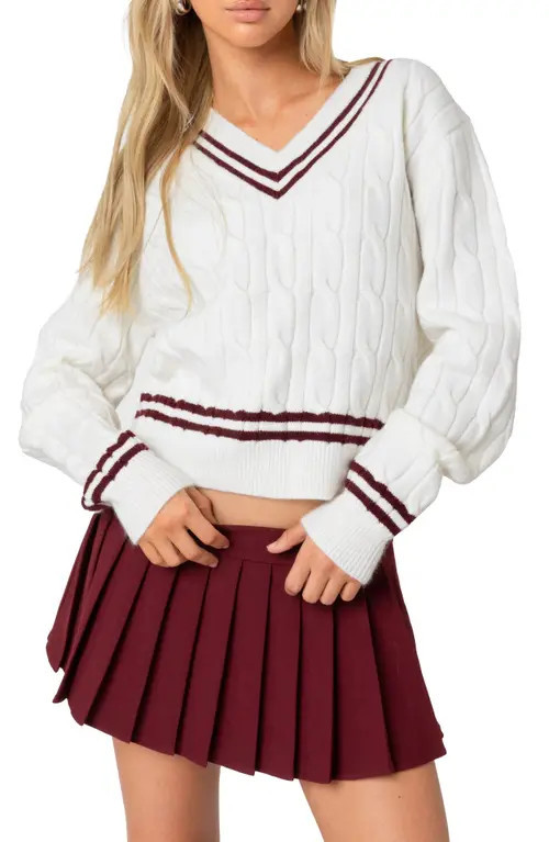 EDIKTED Dean Cable Knit Crop V-Neck Sweater in Cream at Nordstrom, Size X-Small | Nordstrom