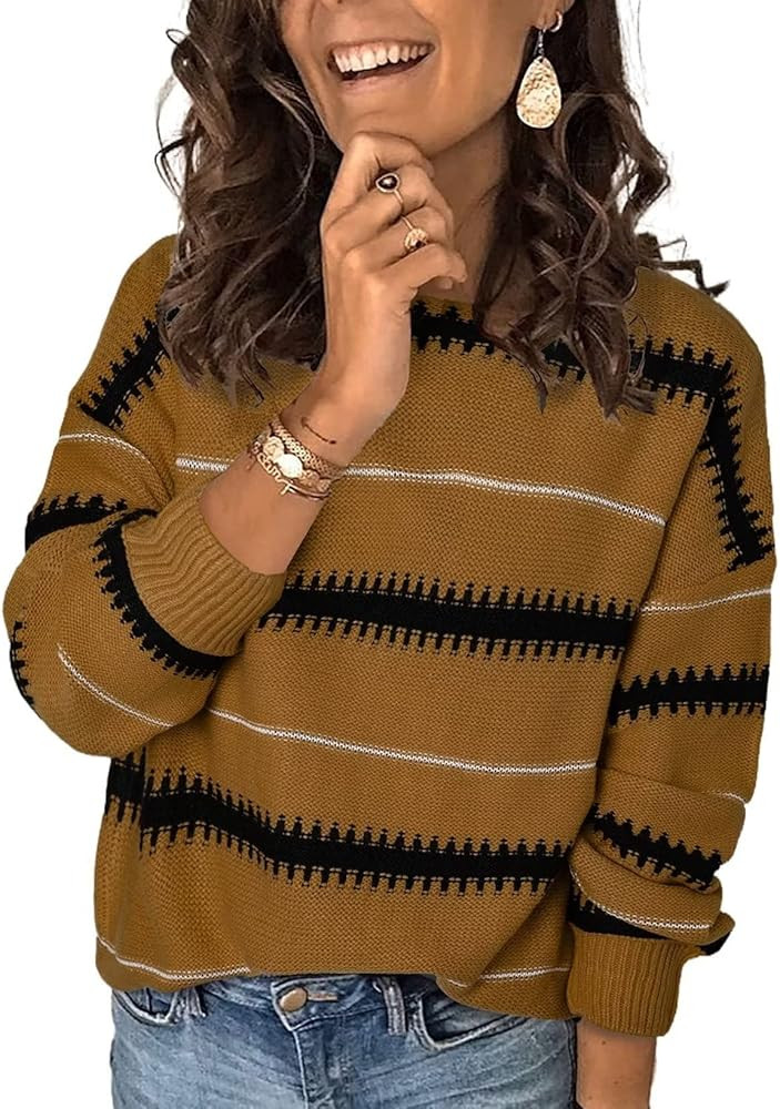 Dokotoo Womens Color Block Sweaters Long Sleeve Crewneck Pullover Knit Jumper Tops | Amazon (US)