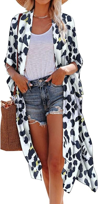 Hibluco Women's Summer Chiffon Floral Kimono Cardigan Long Swimwear Cover Ups | Amazon (US)