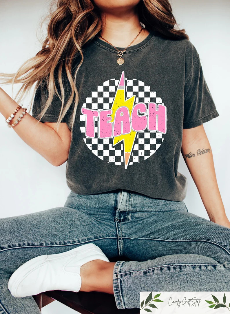 Retro Comfort Teacher Shirt, Checkered Teach Shirt, Back to School, Teacher Appreciation Gift, Ne... | Etsy (US)