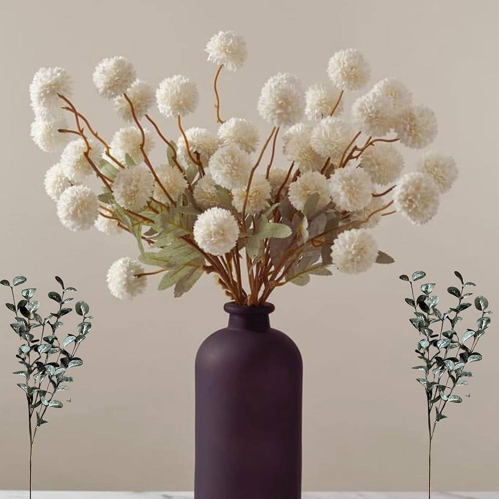 RyddeligHome Faux Kiku Flower White - 10 Stems & 18 Eucalyptus Stems(2 Branches), Small Mini Chry... | Amazon (US)