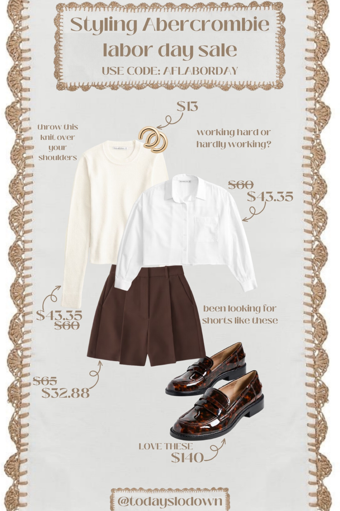 Working hard or hardly working? I love this casual workwear inspired look. I’d throw the Abercrombie knit sweater over my shoulders when it gets chilly. Also I can’t get over these loafers!

#workwear #coastalstyle #buttondown #casualworkwear #wfh #loafers #tortiseshell #labordaylooks #laborstylestyle #chocolatebrown #fallworkwear 



#LTKunder100 #LTKworkwear #LTKSale