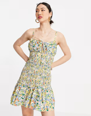 ASOS DESIGN ruched bust cami mini sundress with shirred waist in cotton poplin in floral print | ASOS (Global)