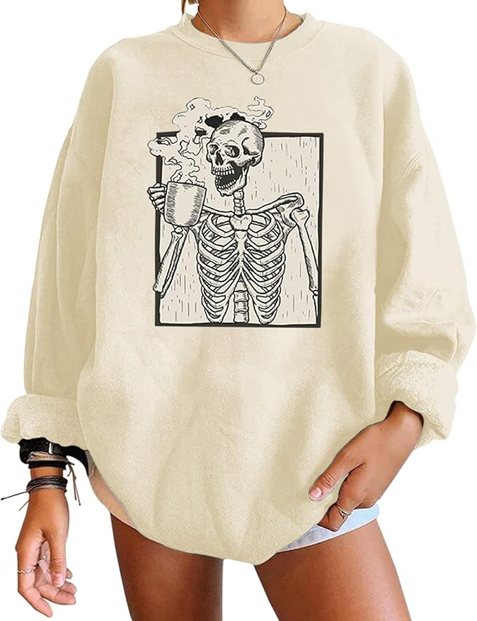 Meladyan Halloween Skull Graphic Print Fleece Oversized Sweatshirt Crewneck Long Sleeve Drop Shou... | Amazon (US)