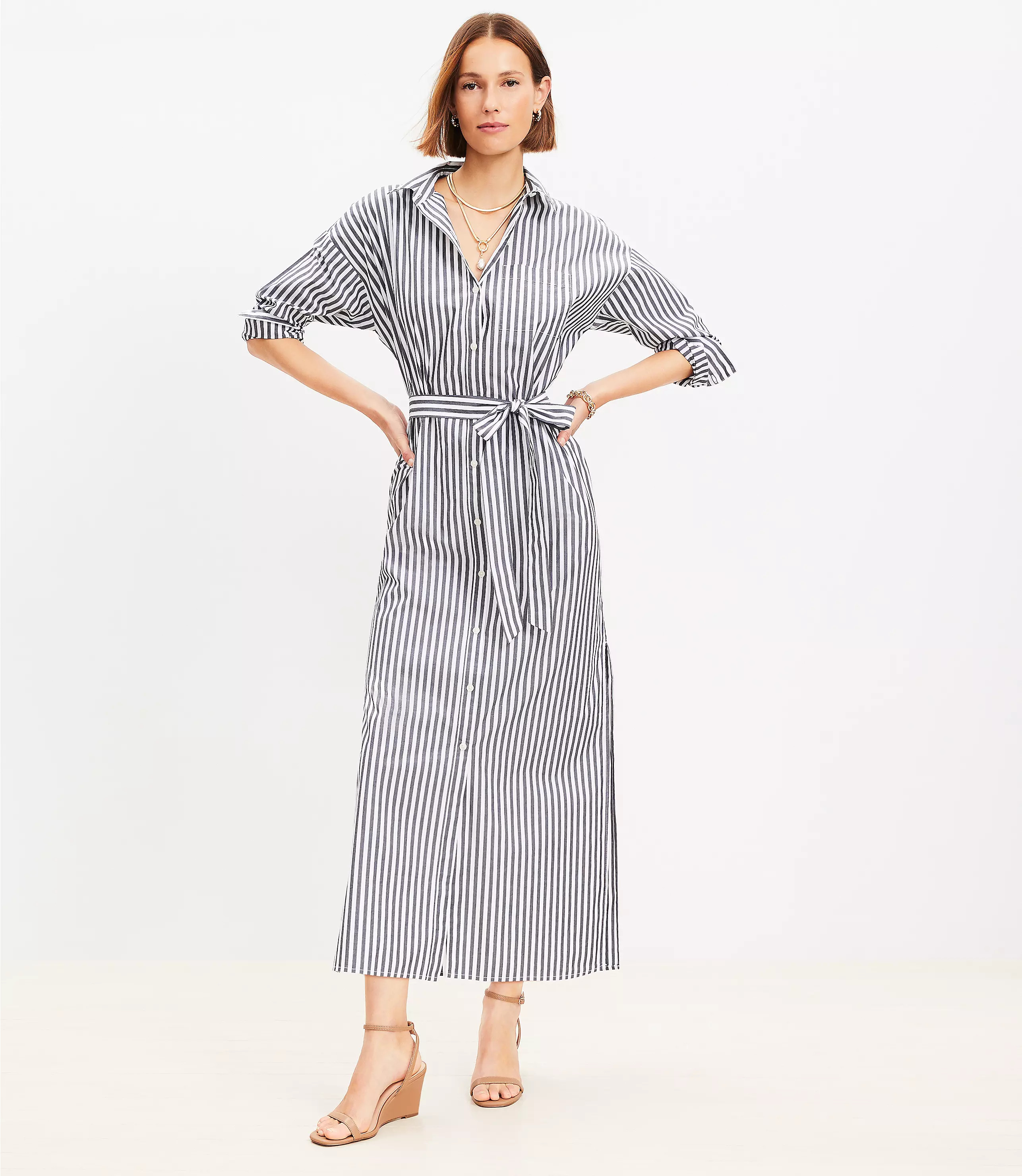 Petite Striped Poplin Belted Pocket Shirtdress | LOFT