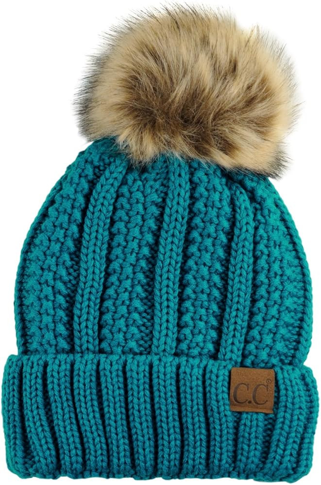 C.C Thick Cable Knit Faux Fuzzy Fur Pom Fleece Lined Skull Cap Cuff Beanie | Amazon (US)