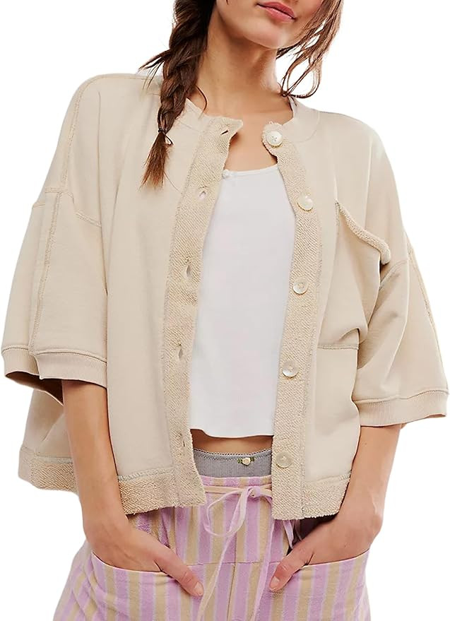 QIBABU Womens Button Down Cardigan Casual Open Front 3/4 Sleeve Crewneck Sweatshirt Tops | Amazon (US)