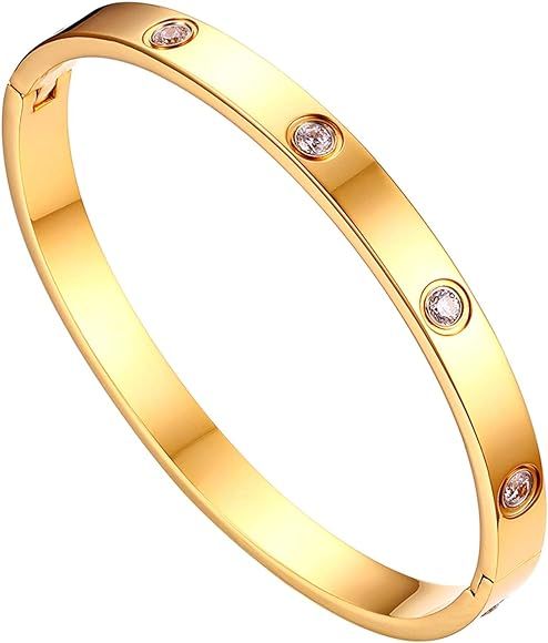 JewelryWe Schmuck Damen Armreif Edelstahl Zirkonia einfache Stil Liebe Armband 6mm breit mit Schl... | Amazon (DE)