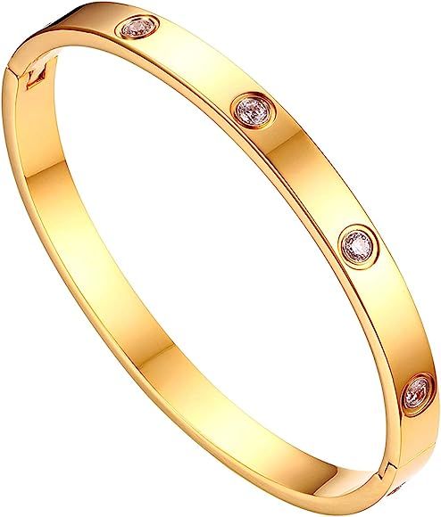 JewelryWe Schmuck Damen Armreif Edelstahl Zirkonia einfache Stil Liebe Armband 6mm breit mit Schl... | Amazon (DE)