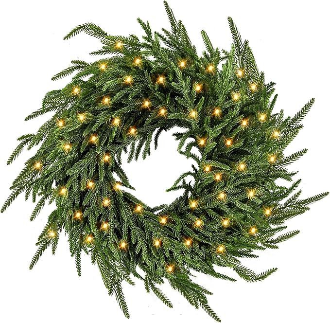 24" Prelit Christmas Wreath for Front Door, with 50LED Real Touch Norfolk Pine Wreath Artificial ... | Amazon (US)