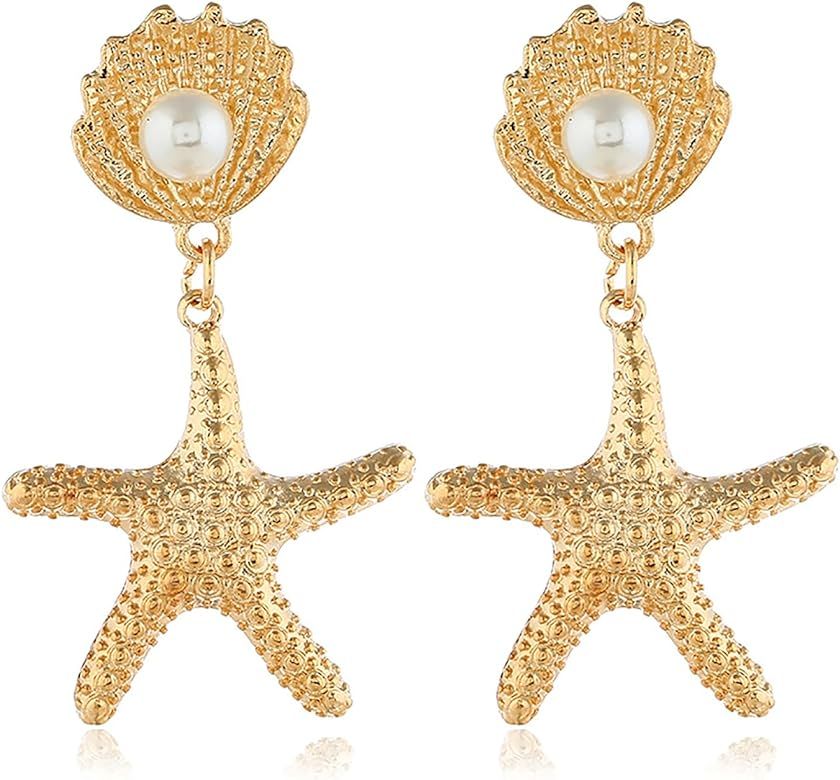 Seashell Earrings for Women Gold Asymmetric Starfish Earrings Cute Starfish Pearl Shell Dangle Ea... | Amazon (US)